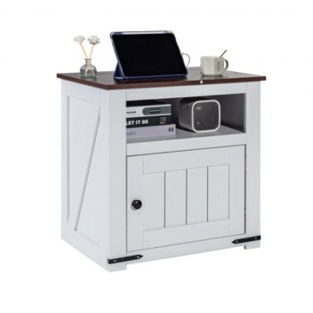 Farmhouse End Table Square Night Stand med USB -porte og forretninger Hvid