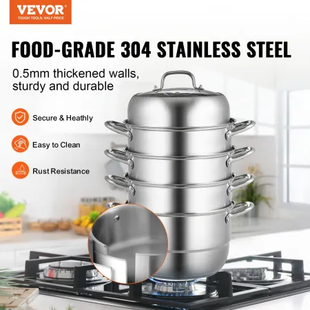 Steamer Pot 11.8in/30cm, 5 Tier Steamer Pot for Cooking with 10QT Stock Pot, 3 Vegetable Steamers & 2 Steaming Trays, Food-Grade