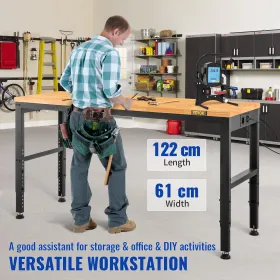 Workbench Adjustable Height, 122cm W X 61cm D X 97cm H Garage Table w/ 72 â€“ 97 cm Heights & 900KG Load Capacity, with Power