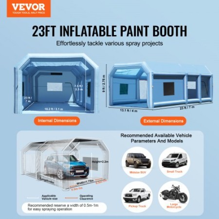 Inflatable Paint Booth, 23 x 13.1 x 9 ft Inflatable Spray Booth, with 750W+480W Powerful Blowers and Air Filter System,