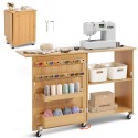 Folding Sewing Table with Lockable Wheels Shelves Trays Door Wood Color